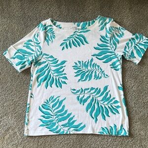 Chico's White and Teal Leaf Short Sleeve Top